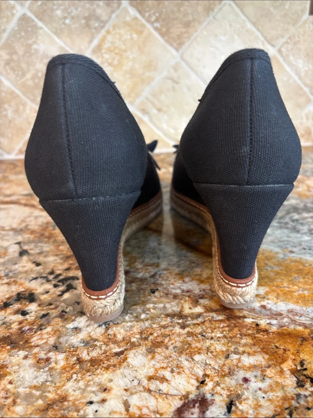 Tory Burch Black Espadrille Wedge Peep-Toe Pumps with Gold Logo